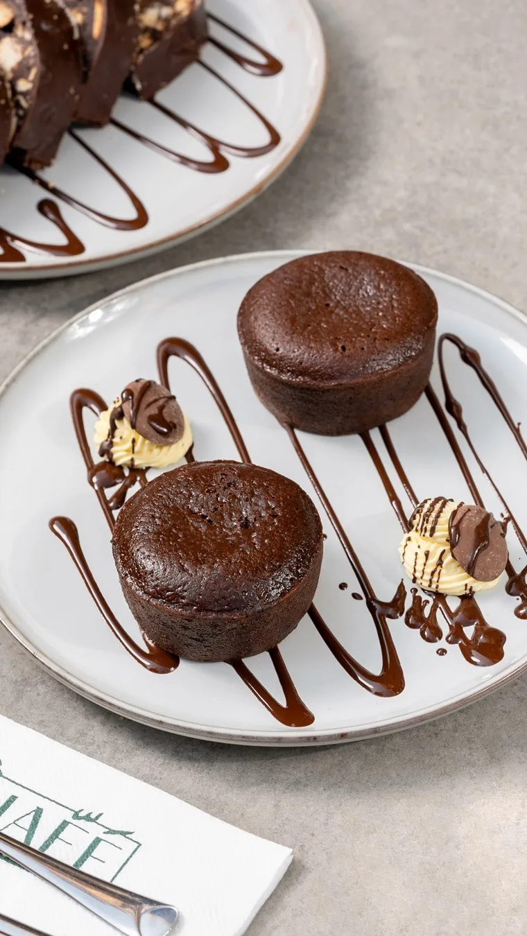 Two chocolate lava cakes with a chocolate drizzle